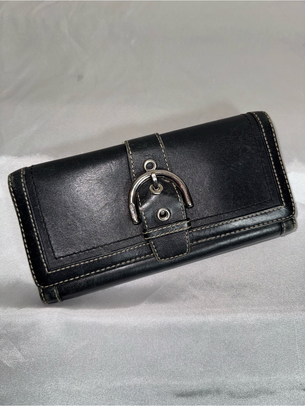 Coach Black Leather Wallet with Silver Buckle Accent